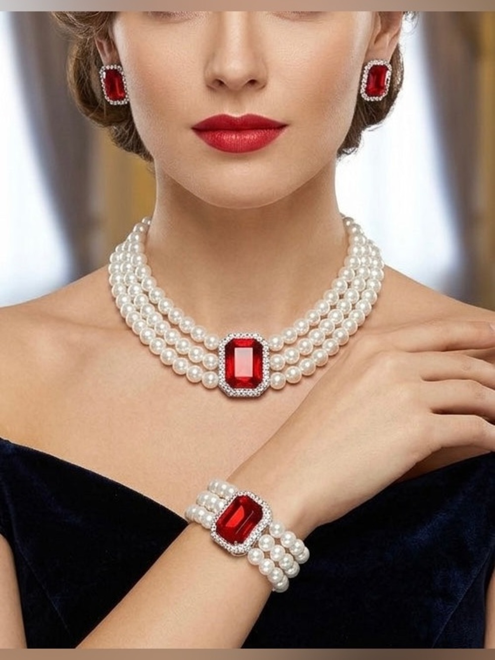Pearl Necklace Set with Red stone